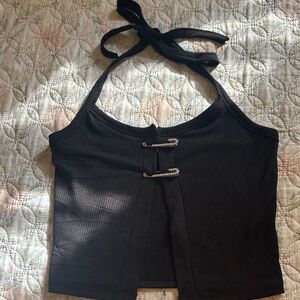 Occasion Black Halter Crop Top with Clasps